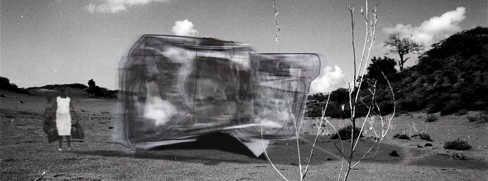 Thesis collage, cross section: the pavilion resting on dry ground, a woman in white beside it.