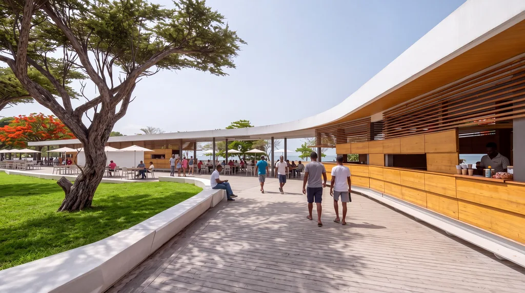AI visualisation of a coastal promenade with shaded kiosks